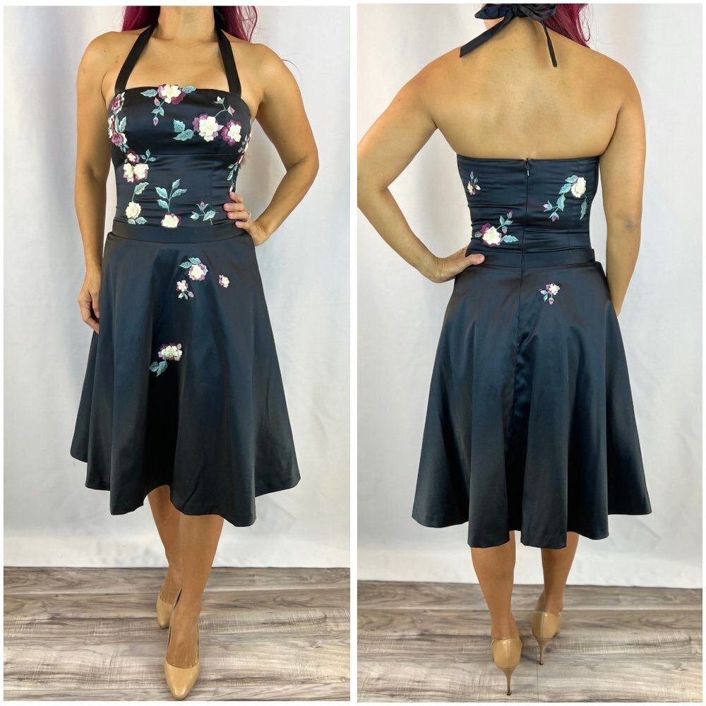 Mandalay Julian Joyce Black Satin Halter A-Line Dress $495 - Picture 2 of 12